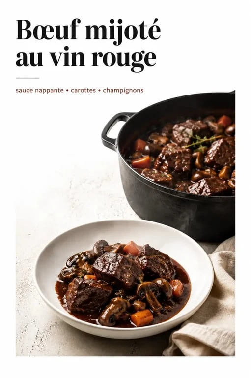 Recette avec vin rouge de bœuf mijoté servi dans une cocotte, sauce sombre et garniture de légumes