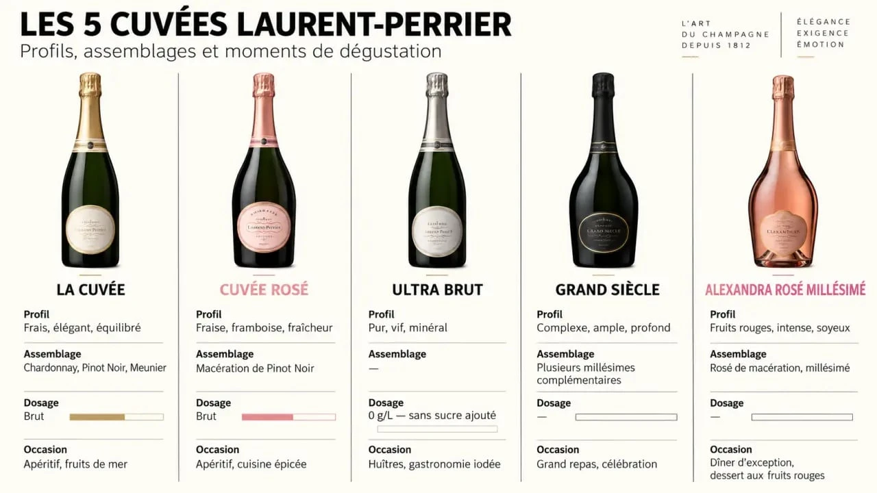 Infographie des cinq cuvées de champagne Laurent-Perrier et de leurs profils