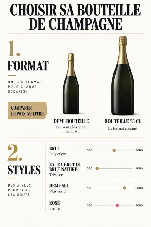 Infographie pour choisir une bouteille de champagne selon le format, le dosage et le style