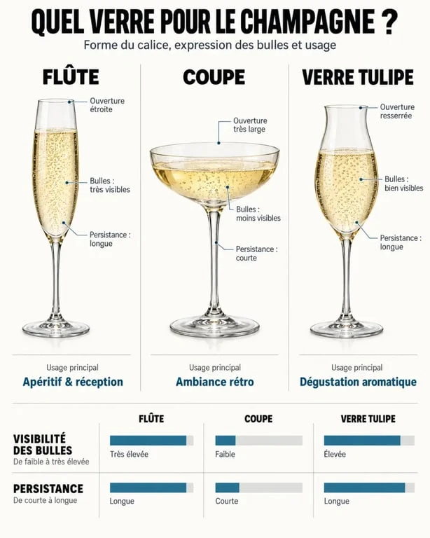 Flûte champagne, coupe et verre tulipe : comparaison des formes, bulles et usages