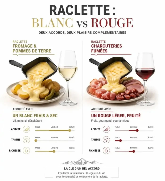 Infographie pour choisir un vin rouge raclette ou un vin blanc selon la charcuterie et la composition du plateau