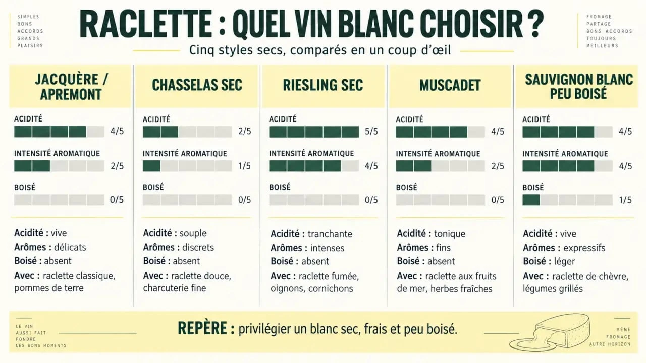 Infographie comparative pour choisir un vin blanc raclette selon l’acidité, le boisé et les garnitures