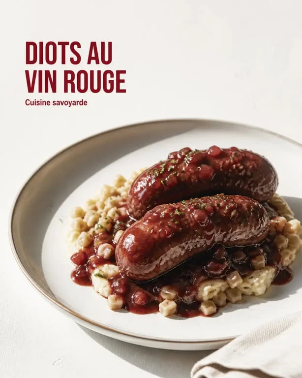 Recette diots au vin rouge servie dans une assiette creuse avec sauce brillante et accompagnement savoyard