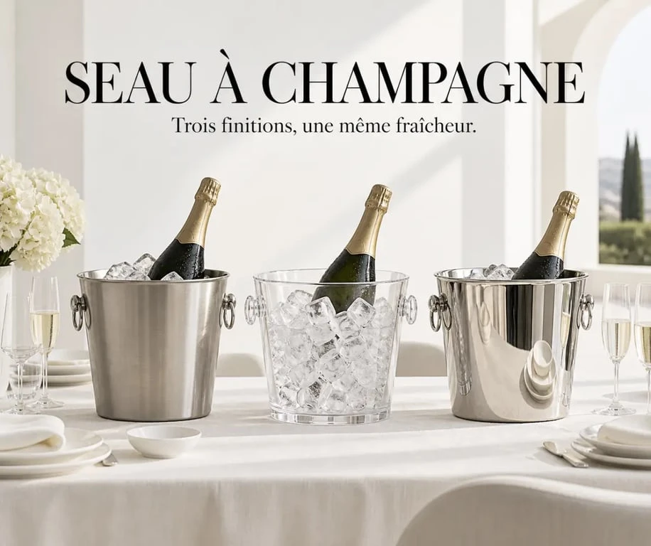 Différents modèles de seau à champagne en inox, acrylique et métal argenté sur une table