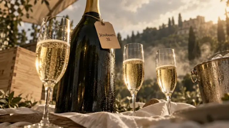 Jeroboam champagne 3L, bouteille de champagne sur table en bois, flûtes et seau à glace