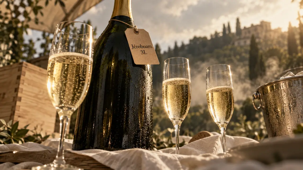 Jeroboam champagne 3L, bouteille de champagne sur table en bois, flûtes et seau à glace