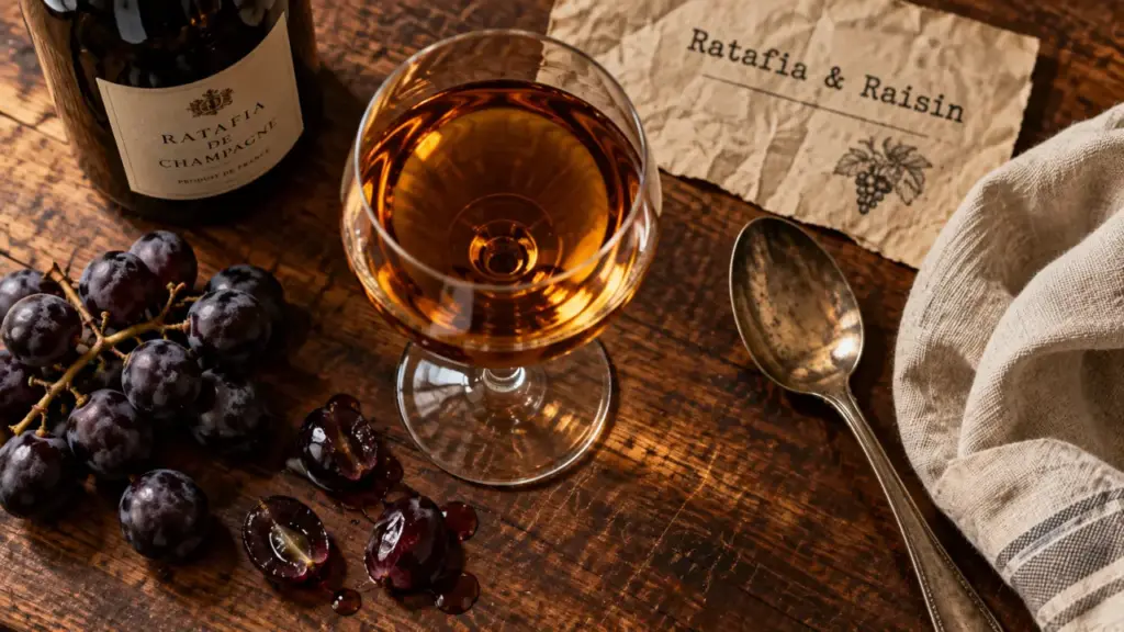 Verre de ratafia de champagne ambré sur table en bois