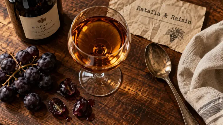 Verre de ratafia de champagne ambré sur table en bois