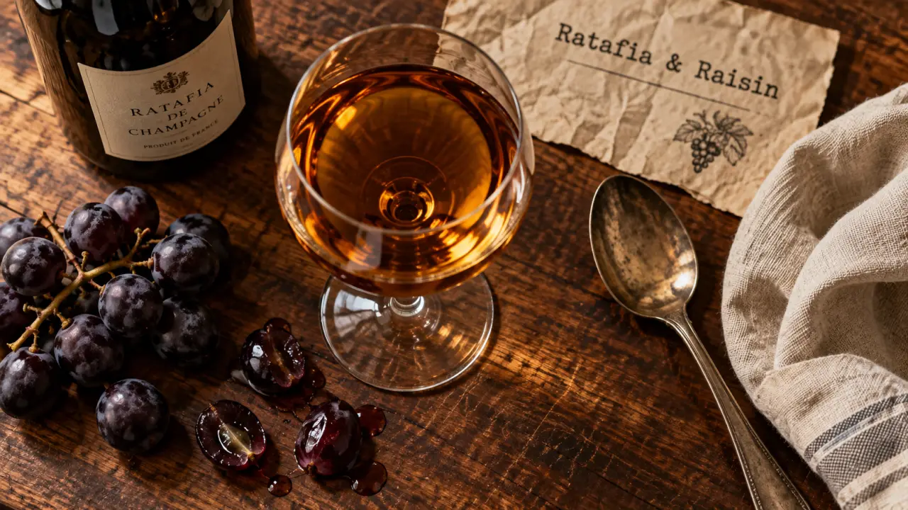 Verre de ratafia de champagne ambré sur table en bois