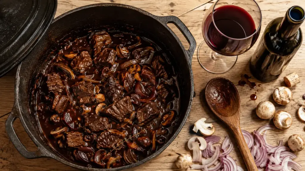 Recette avec vin rouge : bœuf mijoté en cocotte, bouteille entamée et verre