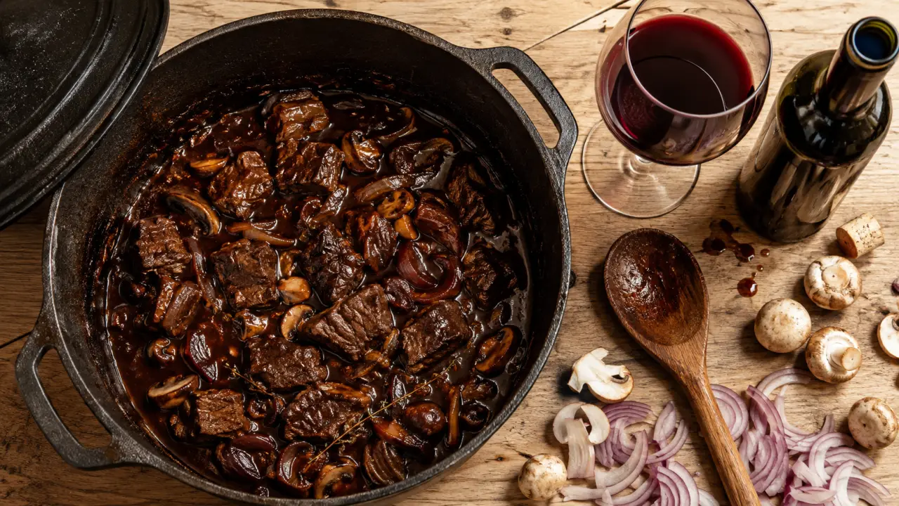 Recette avec vin rouge : bœuf mijoté en cocotte, bouteille entamée et verre