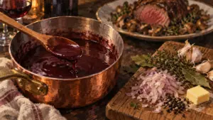 Sauce au vin rouge brillante, réduction sans amertume, plan rapproché