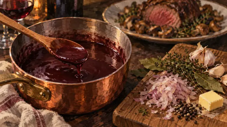 Sauce au vin rouge brillante, réduction sans amertume, plan rapproché