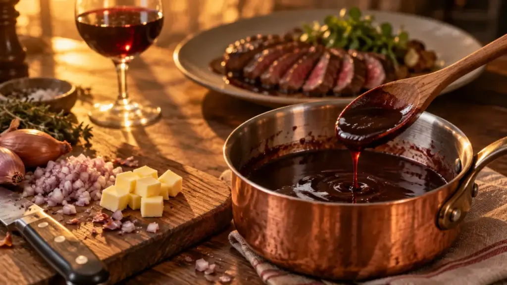 Sauce échalote vin rouge facile, réduction nappante