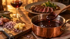 Sauce échalote vin rouge facile, réduction nappante