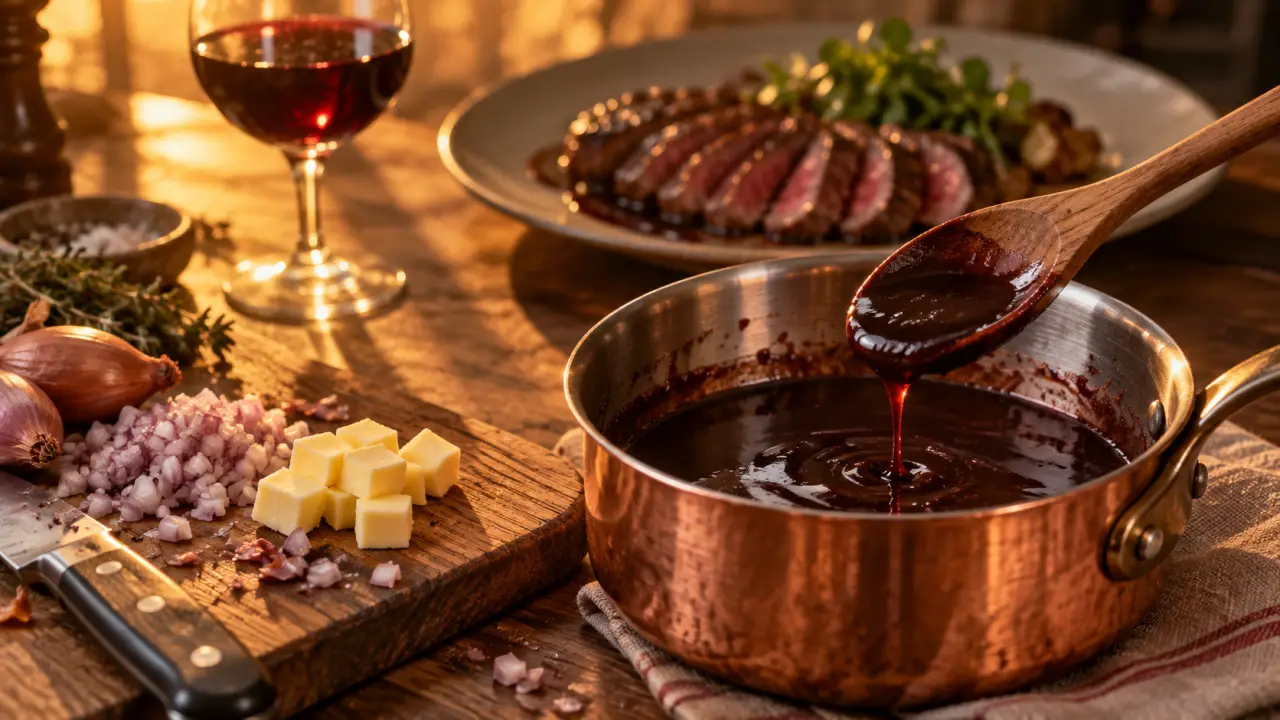 Sauce échalote vin rouge facile, réduction nappante