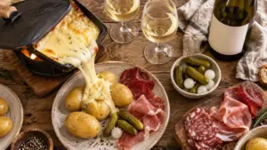 Vin blanc raclette : raclette au fromage, cornichons, charcuterie et vin blanc