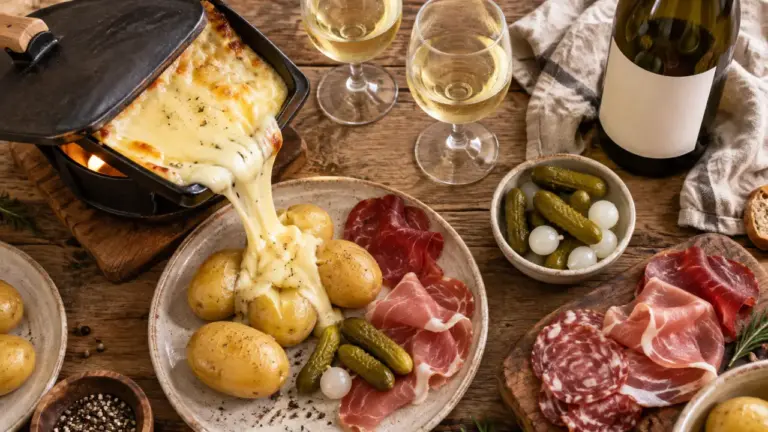 Vin blanc raclette : raclette au fromage, cornichons, charcuterie et vin blanc