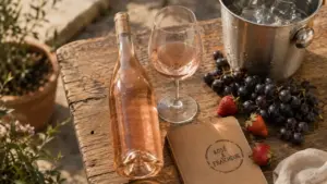 Vin rosé clair, pressée immédiate : bouteilles et fruits