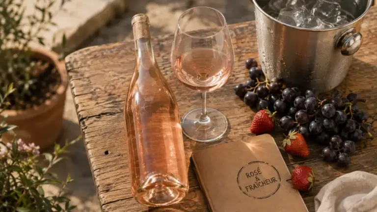 Vin rosé clair, pressée immédiate : bouteilles et fruits