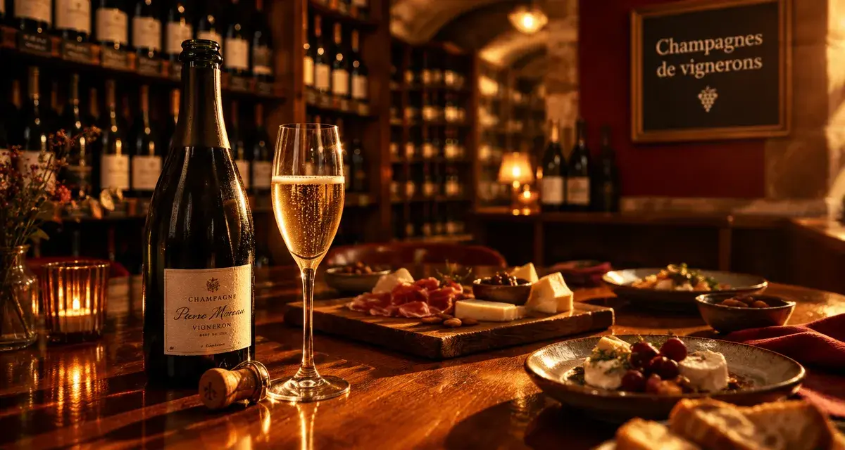 Cave pétillance champagne et vins fins : intérieur à golden hour, bouteille de champagne et verre