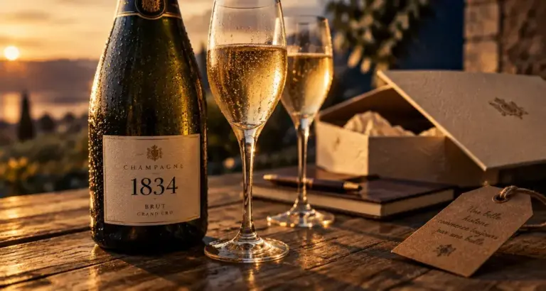 Champagne Charles Lafitte 1834 : bouteille et verres tulipe sur table bois