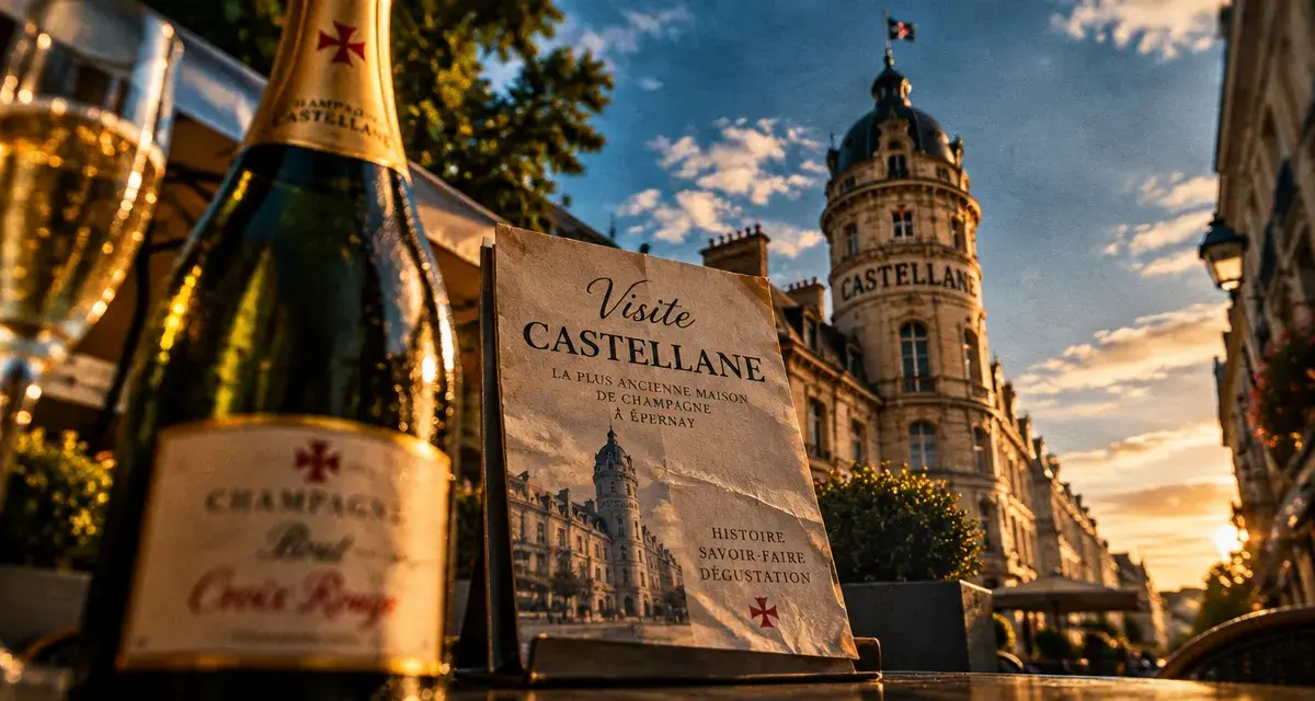 Champagne de castellane à Épernay : bouteille Brut Croix Rouge et tour de la Maison de Castellane