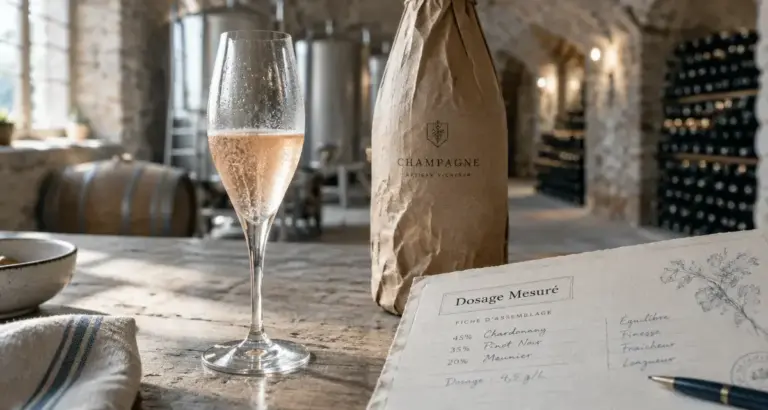 Champagne malard : flûte rosée et bouteille en cave