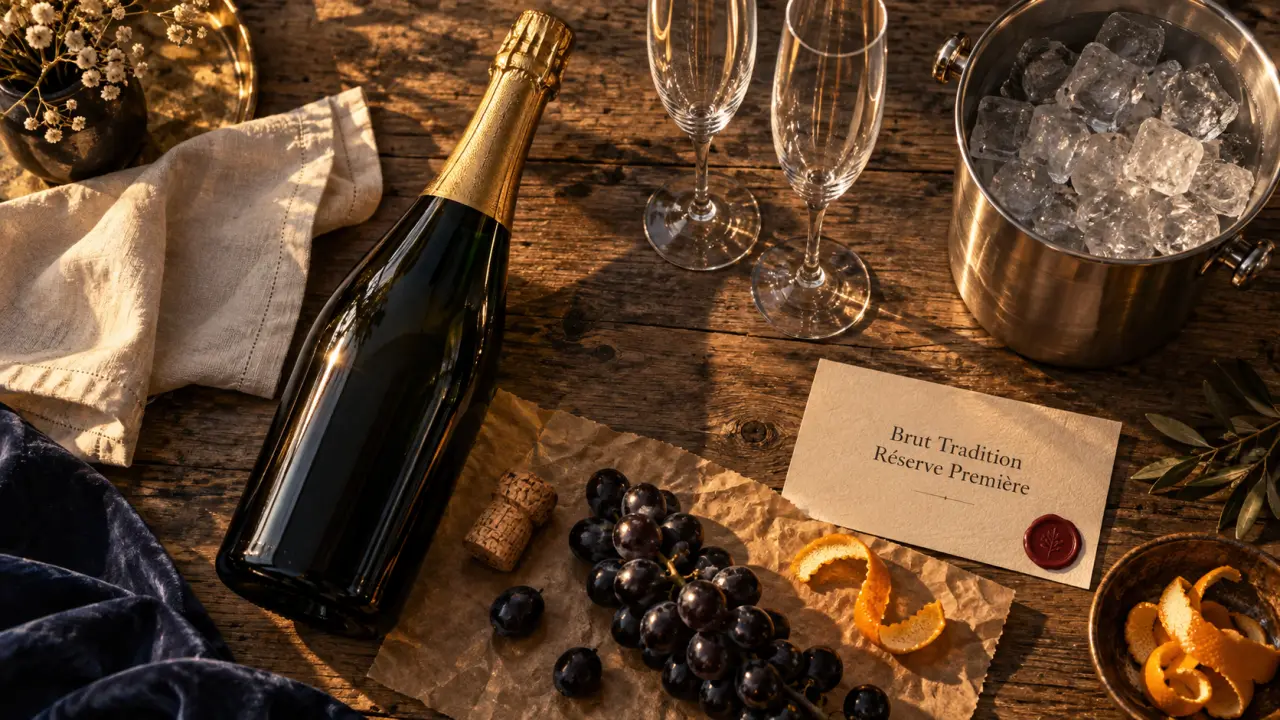Champagne Montaudon Brut Tradition et Réserve Première, flûtes et bouteille