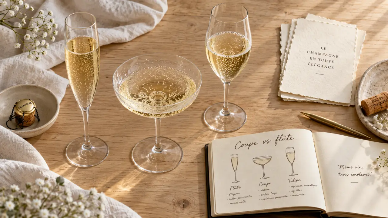 Coupe de champagne sur table en lin, bulles et condensation visibles