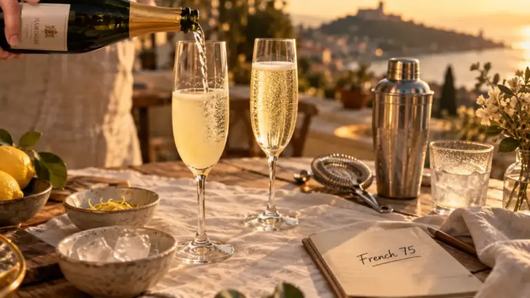 Drinks with champagne French 75 : flûtes au champagne et citron, dosages