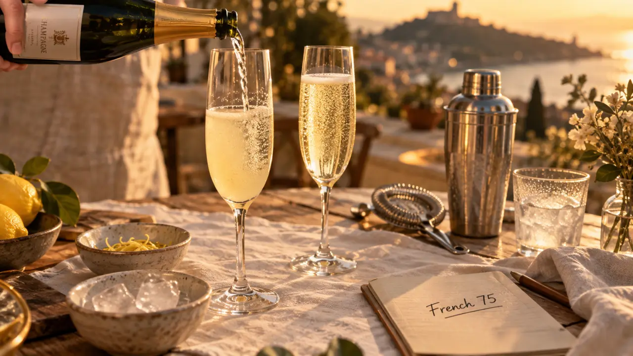 Drinks with champagne French 75 : flûtes au champagne et citron, dosages