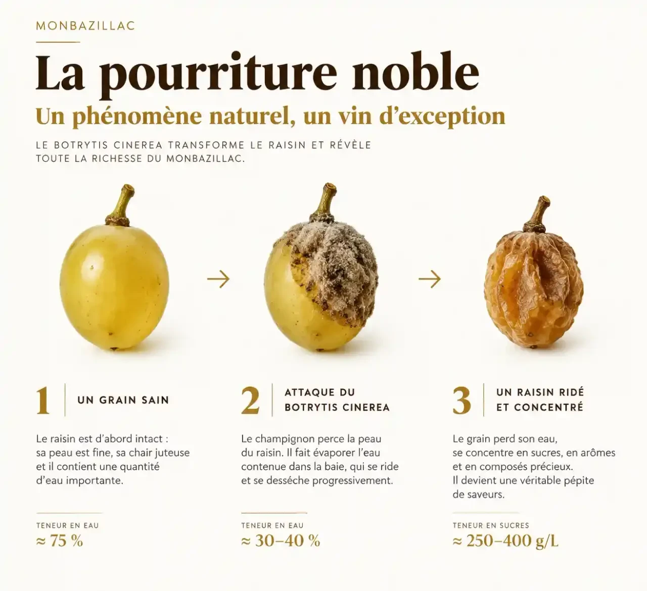 Schéma de la pourriture noble sur les grains de raisin du monbazillac vin blanc liquoreux, du grain sain au grain concentré