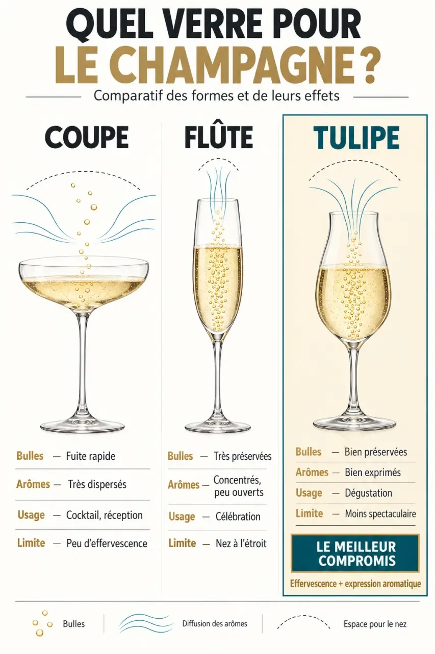 Comparatif des formes de verre a champagne : coupe, flûte et tulipe