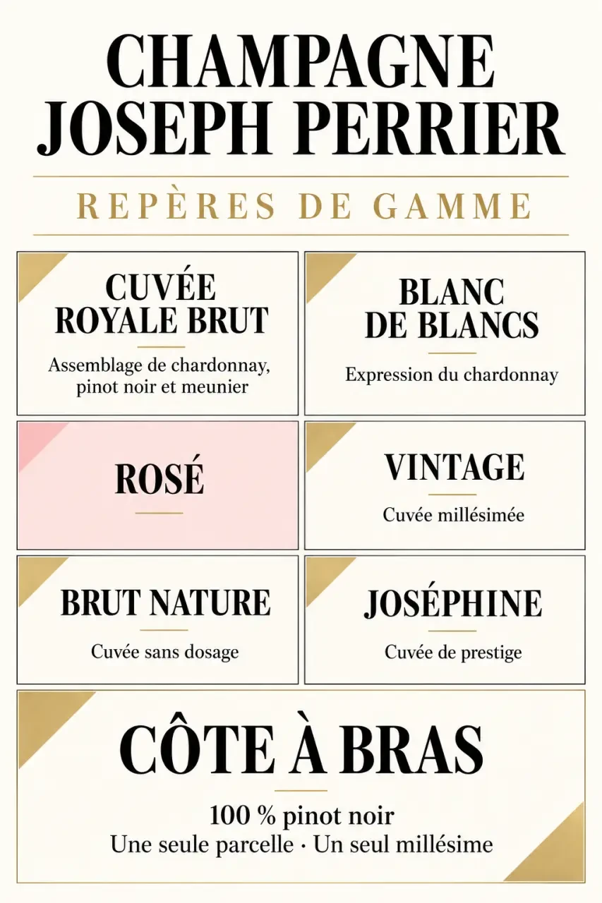 Infographie de la gamme de champagne Joseph Perrier et de ses principales cuvées