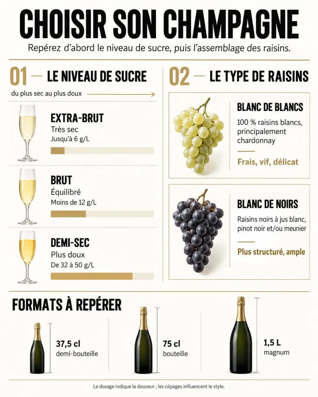 Infographie sur le choix du champagne Leclerc selon le dosage, les raisins et le format