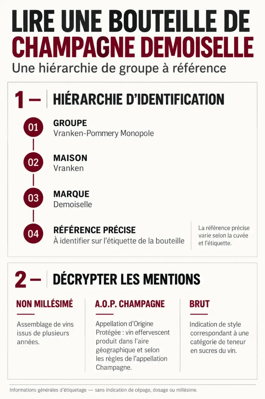 Infographie pour comprendre l’identification d’une bouteille de champagne Demoiselle et ses mentions d’étiquette