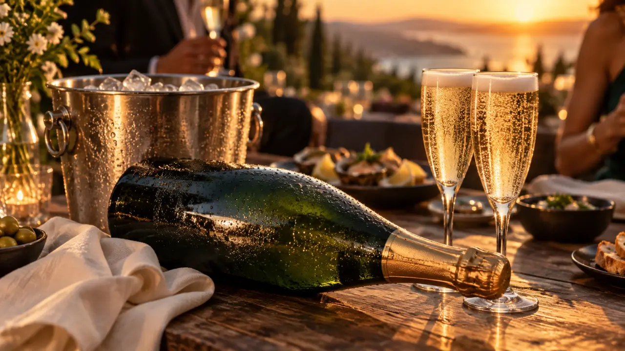 Magnum champagne 1,5 L sur table bois, 16 flûtes au frais