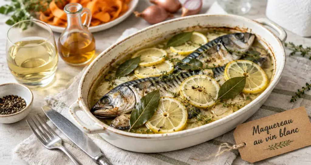 Maquereau au vin blanc au four, plat de cuisson