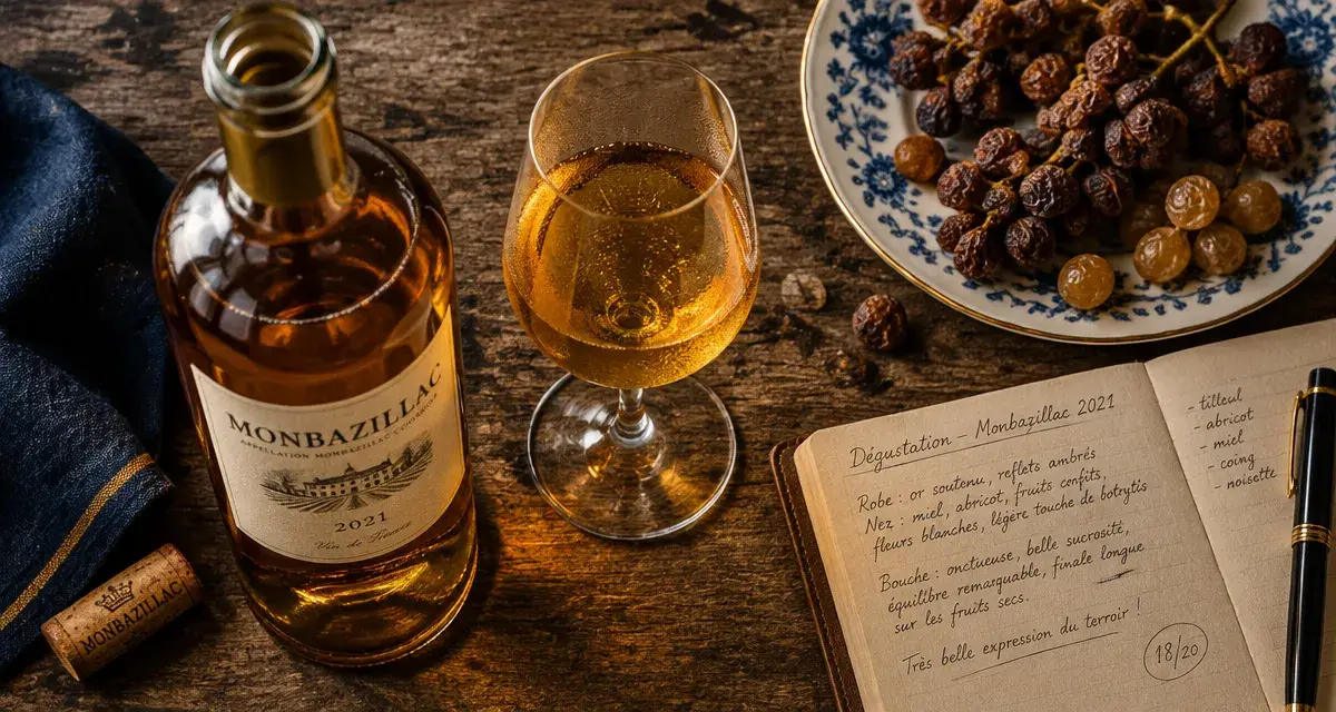 Monbazillac vin blanc liquoreux : bouteille et raisin botrytisé, reflets dorés