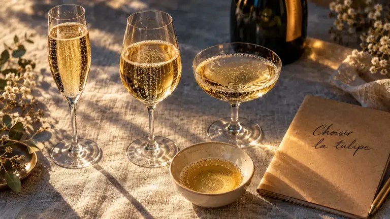 Verre a champagne : tulipe et flûte, arômes et bulles visibles
